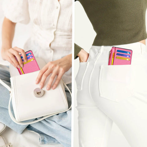 Credit Card Holder For Women Slim Minimalist Front Pocket RFID Blocking Wallet in vibrant pink in handbag and back pocket