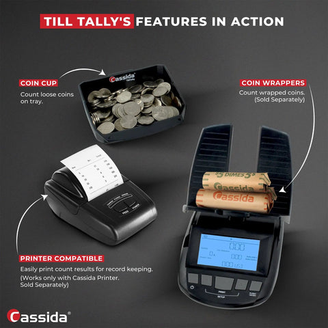 Pro Grade Money Counting Scale and Bill Counter for Fast Cash Drawer Tally, Coin Weight Based Counting, Portable Compact Black Design With Battery Or DC Power showing coin cup and printer compatibility.