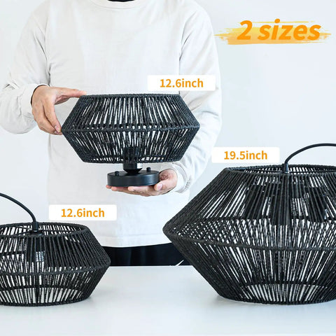 Two sizes of Cozy Boho Rattan Ceiling Light With Handwoven Cage Shade 12.6 Inch Coastal Semi Flush Mount shown in black