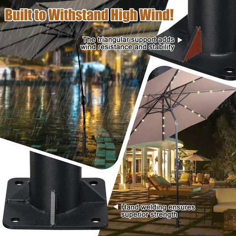 Ultra Stable Stainless Steel Umbrella Tube Base For Outdoor Deck Patio 0.68 To 1.81 Inch Tube Fit Heavy Duty Flag Pole Stake Holder Table Bracket DIY Mount Drainable Bottom 1 Pack shown in different setups with umbrellas and wind resistance.