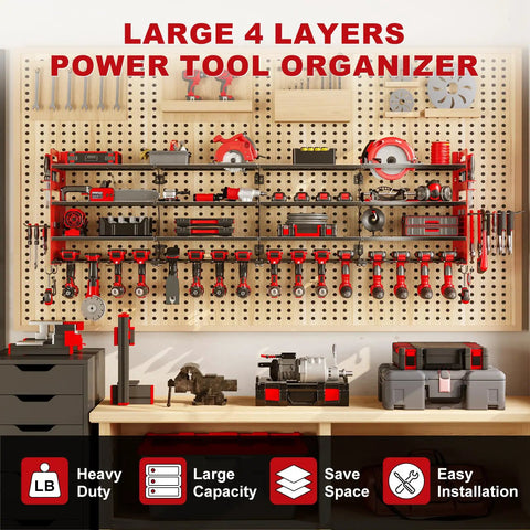 Gear Up Your Garage With This Beast Power Tools Organizer Wall Mount Featuring 16 Drill Holders on pegboard wall.