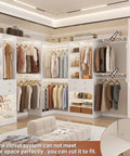 Transform Your Daily Routine With This Nifty White Closet System Set Of 3 Featuring Four Spacious Drawers Eight Heavy Duty Hanging Rods Plus A Corner Rack For Zero Hassle Walk In Storage, displaying a modern white closet with organized clothing and accessories.