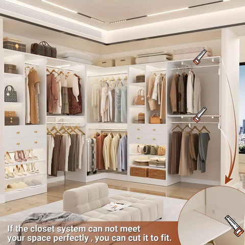 Transform Your Daily Routine With This Nifty White Closet System Set Of 3 Featuring Four Spacious Drawers Eight Heavy Duty Hanging Rods Plus A Corner Rack For Zero Hassle Walk In Storage, displaying a modern white closet with organized clothing and accessories.