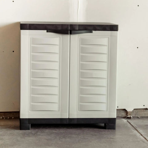 Beast Of A Heavy Duty Freestanding Resin Garage Storage Cabinet With Adjustable Shelf In Gray, front view in garage
