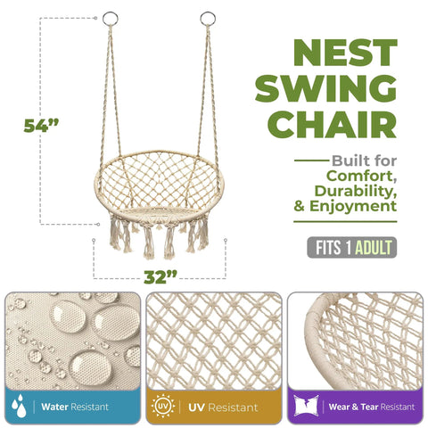 Boho Macrame Swing Chair For Indoor And Outdoor Use, Durable Cotton Hanging Hammock with Dimensions and Features