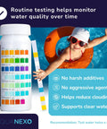 All In One 100 Pack Pool Test Strips 7 In 1 For Pools Spas Paddling Pools Water Tester For PH Chlorine Bromine Alkalinity CYA Total Hardness With Easy Color Match Chart shown next to a bottle in use by a child in a pool.