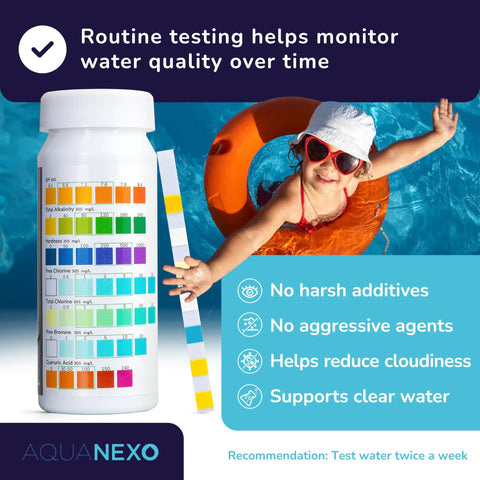 All In One 100 Pack Pool Test Strips 7 In 1 For Pools Spas Paddling Pools Water Tester For PH Chlorine Bromine Alkalinity CYA Total Hardness With Easy Color Match Chart shown next to a bottle in use by a child in a pool.