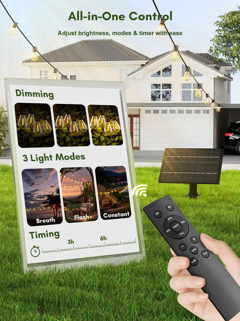 Control panel for 100Ft Outdoor Solar String Lights With Remote Control, 36 LED, Waterproof, USB C Charging, showing modes and timer
