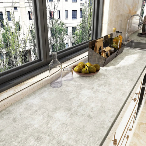 Concrete Wallpaper Peel And Stick With Limewash Texture For Walls Dope Cement Look Waterproof Removable Self Adhesive Contact Paper For Bedrooms Bathrooms And Countertops 15.7 By 118 Inches Roll applied on a kitchen countertop.