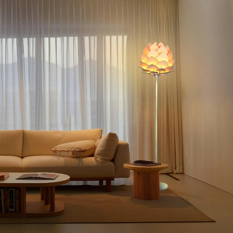 Artichoke Design 68 Inch Tall Free Standing LED Floor Lamp With Multi Panel Wooden Shade For Living Room Ambience