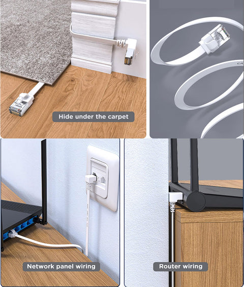 Two Pack Right Angle Cat6 Ethernet Cable 6Ft Flat Patch Cord White 90 Degree Up And Down Angles For Tight Spaces Behind Furniture Or Wall Plate High Speed 10Gbps LAN Cable, shown in various installation scenarios behind furniture and along walls.