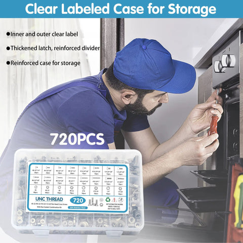 Technician using 720 Piece Stainless Steel Nuts And Bolts Assortment Kit With 16 SAE Sizes for DIY home repair.