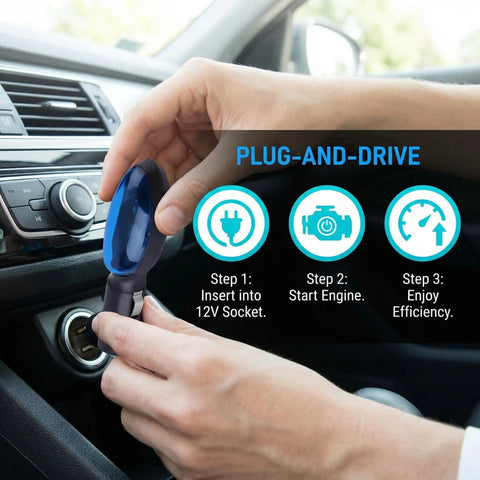 Person plugging Fuel Saver MPG Booster For Cars And Diesel Engines Instantly Save 20 Percent Or More into car socket