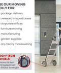 Dual Handle Stair Climbing Hand Truck With 500 Pound Capacity Aluminum Dolly for heavy appliances in office lobby