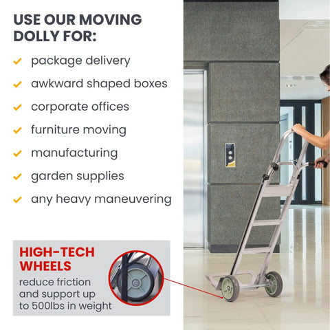 Dual Handle Stair Climbing Hand Truck With 500 Pound Capacity Aluminum Dolly for heavy appliances in office lobby