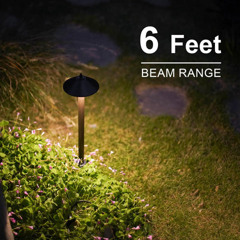 Low Voltage Outdoor Pathway Lighting Kit 8 Pack Warm White 2700K 40 Lumen LED Path Lights Wired 12V AC highlighting 6ft beam in garden