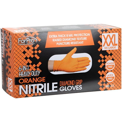 Front view of ForPro Nitrile Gloves box, orange, 8 mil, XX-Large, 100-count, diamond grip