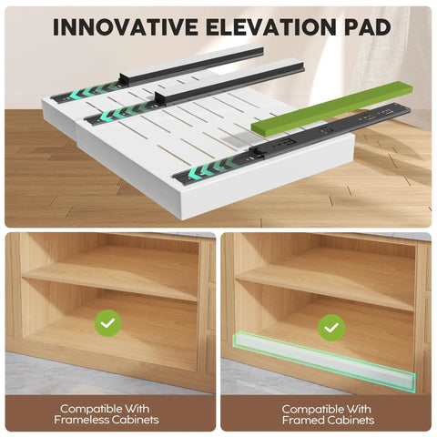 Innovative elevation pad for cabinet organization, showcasing compatibility with framed and frameless cabinets.