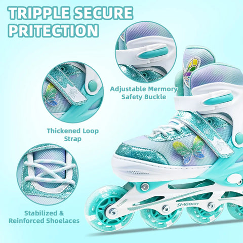 Girls Inline Skates For Kids Ages 3 To 12, 4 Size Adjustable Roller Shoes With Light Up Wheels, Beginner Youth Quad Skates, butterfly design