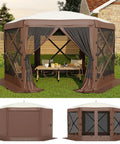 Hexagonal Pop Up Canopy Tent 13 By 13 Feet Six Sided Outdoor Shelter With One Push Setup Removable Canopy Top And Wind Cloths Beige And Khaki in a backyard setting