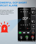 Variable DC Power Supply 30V 10A 300W Lab Bench Charger With Output Switch OCP Quick Charge Port Battery Mode Reverse Polarity Protection LiFePO4 And Lithium Ion Compatible For Makers And Pro Hobbyists showing OCP alert on display with voltage and current knobs