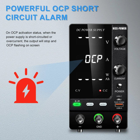 Variable DC Power Supply 30V 10A 300W Lab Bench Charger With Output Switch OCP Quick Charge Port Battery Mode Reverse Polarity Protection LiFePO4 And Lithium Ion Compatible For Makers And Pro Hobbyists showing OCP alert on display with voltage and current knobs