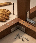Heavy Duty Stainless Steel L Brackets For Wood, 40mm square corner connectors installed on wood frame with screws and tools.