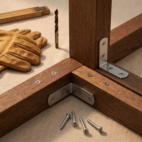 Heavy Duty Stainless Steel L Brackets For Wood, 40mm square corner connectors installed on wood frame with screws and tools.