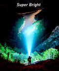 Person using Beefy Rechargeable LED Headlamp With Stepless Dimming 2000 Lumen Beaming Headlight Flashlight For Outdoors at night in forest.