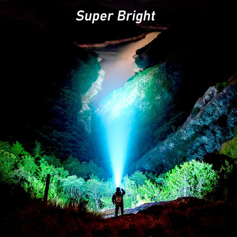 Person using Beefy Rechargeable LED Headlamp With Stepless Dimming 2000 Lumen Beaming Headlight Flashlight For Outdoors at night in forest.