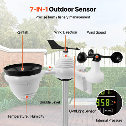 All In One WiFi Weather Station With 7 In 1 Sensor For Indoor Outdoor Use showing outdoor sensor components.