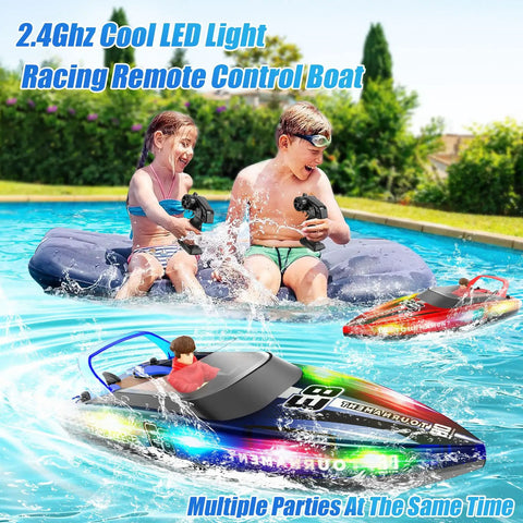 Kids playing with RC Boat With LED Lights For Pools And Lakes, Dual Speed Remote Control Watercraft, Self Righting, Waterproof, Blue