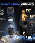 A2L HVAC Vacuum Pump and Manifold Gauge Kit showing exhaust port, cotton filter, and brass connections with labels.