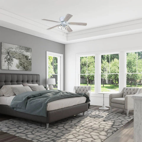 52 Inch White Indoor Ceiling Fan With Three Light LED Bulbs And Pull Chains, Traditional Style With Quiet Reversible Motor in bedroom