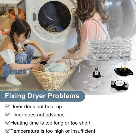 3 Wire Dryer Heating Element Kit Replacement With Thermal Fuse And Thermostat For Samsung Dryers, Includes 240V 3700W Heating Wire displayed next to a mother and daughter doing laundry.