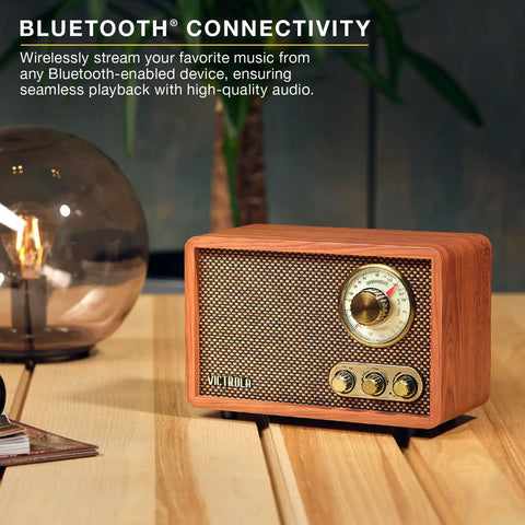 Retro Wood Bluetooth Radio With Built In Speakers And Wireless Streaming Walnut Finish on a wooden table