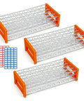 Three Piece Plastic Test Tube Rack With Fifty Holes For Fifteen To Eighteen mm Tubes Eighteen Point Seven mm Hole Diameter Clear Acrylic Lab Rack Detachable Orange For Slick Tube Organization In School And Research Labs, showing three clear acrylic racks with orange ends and labels