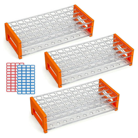 Three Piece Plastic Test Tube Rack With Fifty Holes For Fifteen To Eighteen mm Tubes Eighteen Point Seven mm Hole Diameter Clear Acrylic Lab Rack Detachable Orange For Slick Tube Organization In School And Research Labs, showing three clear acrylic racks with orange ends and labels