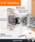 Soft Close Cabinet Hinges Set For One And A Quarter Inch Overlay Kitchen Cabinets, 40 Pack, side view, dimensions shown