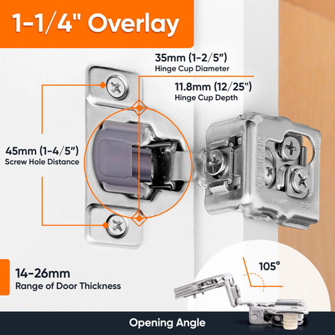 Soft Close Cabinet Hinges Set For One And A Quarter Inch Overlay Kitchen Cabinets, 40 Pack, side view, dimensions shown