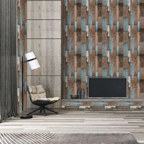 Room with faux wood peel and stick wallpaper for DIY projects, wood grain vinyl self adhesive contact paper, shiplap texture