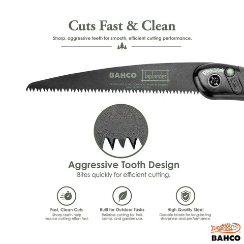 Close-up of 7.5 Inch Folding Saw For Bushcraft, Camping, And Trail Maintenance with sharp aggressive teeth and ergonomic handle.