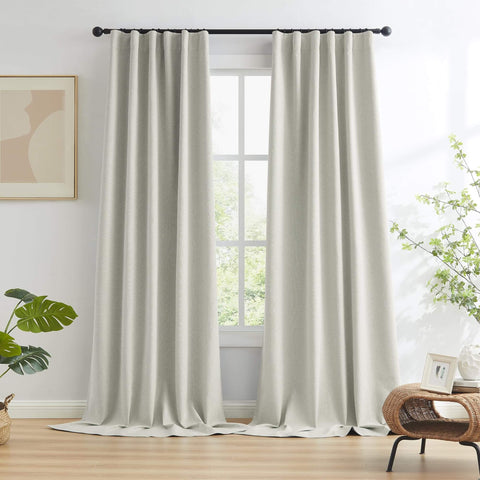 100 Percent Blackout Linen Curtains in Greyish Beige, 50x126 Inches, two panels with back tab track system, installed in living room