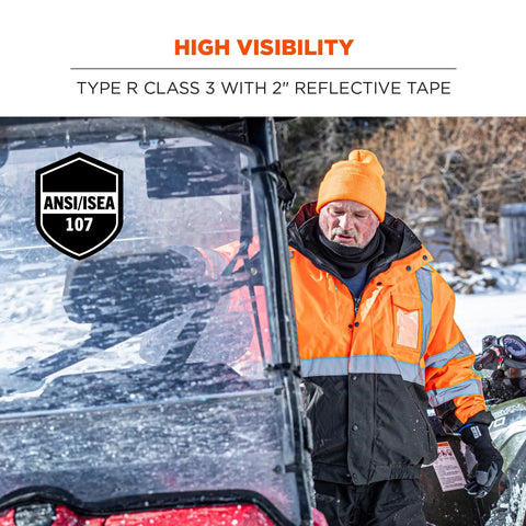 Hi Vis Reflective Winter Bomber Jacket With Zip Out Fleece Liner worn by worker in snow, black bottom, ANSI compliant