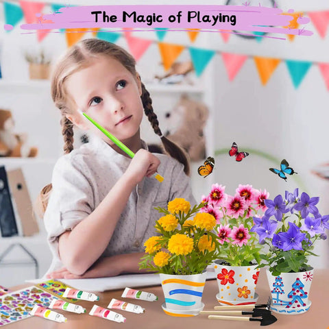 Child with plant pots and Paint And Plant Kid Friendly Gardening Kit For Boys And Girls, Fun Flower Pot Painting Set visible