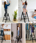 3 Step Folding Ladder Lightweight Aluminum Step Stool with Wide Anti Slip Pedals in various home and office settings