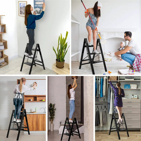 3 Step Folding Ladder Lightweight Aluminum Step Stool with Wide Anti Slip Pedals in various home and office settings