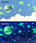 Day and night view of glow in the dark stars and planets ceiling wall decor kit with rockets and astronauts for kids.