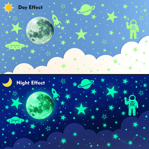 Day and night view of glow in the dark stars and planets ceiling wall decor kit with rockets and astronauts for kids.
