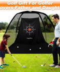 Father and daughter using Quiet Indoor Golf Net 8X6 Feet With Target For Practice in a grassy area, portable driving range for beginners